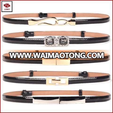 women thin patent leather belt elegant dress patent leather PU belt interlocking buckle patent leather belt stock for sale